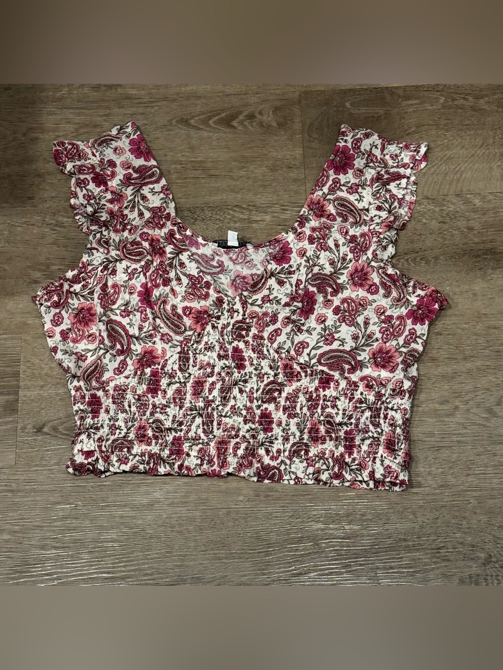 Patrons of Peace Pink and Cream Floral Smocked Crop Top